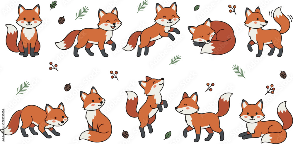 Obraz premium Cute cartoon red fox character vector illustration set with various forest animal poses sleeping jumping walking and autumn pine elements