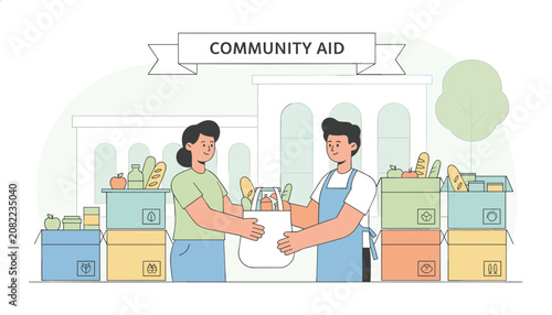 Charitable volunteers donating bags of fresh food and groceries to the community in a local food bank.