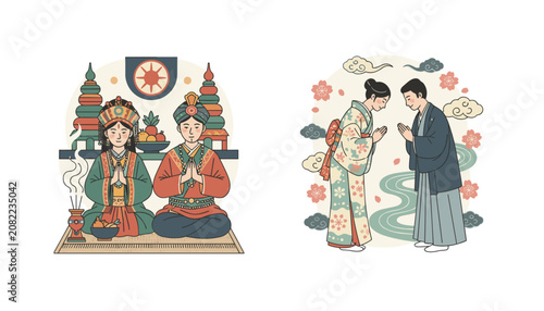 Diverse cultural traditions of greeting and praying from different countries shown in beautiful cartoon style.