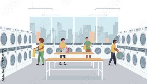 Busy public laundromat with people washing, drying, and folding their clean clothes at wooden tables.
