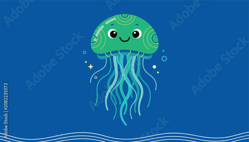 Cute cartoon green jellyfish swimming happily in the deep blue ocean water with sparkles and bubbles.