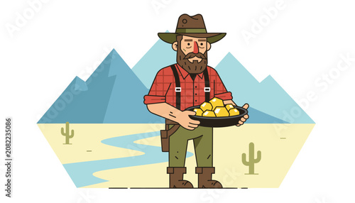 Happy gold prospector wearing brown cowboy hat holding pan of shiny golden nuggets in wild desert river landscape.