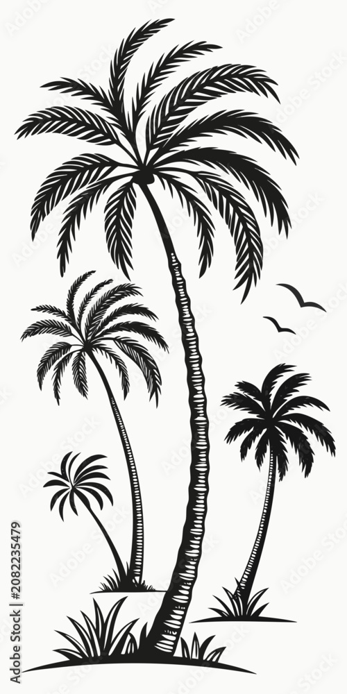 Fototapeta premium Vector Illustration of Palm Trees with Seagulls in a Tropical Scene