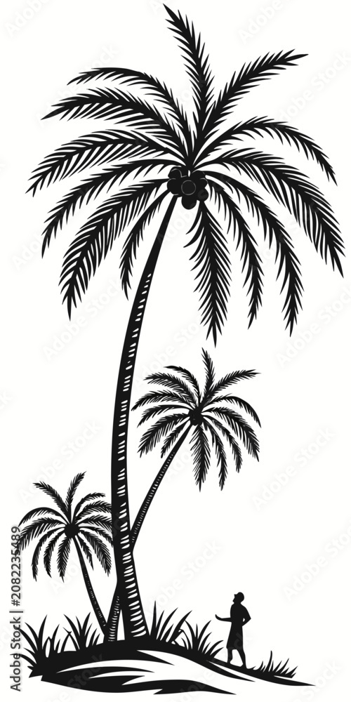Fototapeta premium Silhouette of Tropical Palm Trees with Person Walking on Beach at Sunset