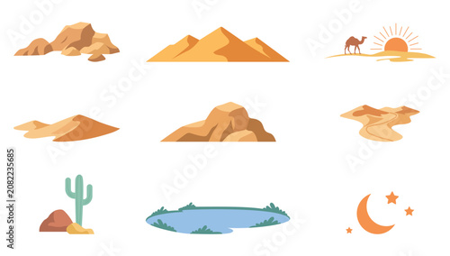 Desert landscape elements set featuring sand dunes, mountains, rocks, cactus, oasis, camel, sunset, and moon. Flat vector illustration isolated on transparent background.