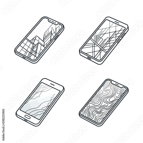 Modern Smartphones with Abstract Geometric and Map Screen Designs