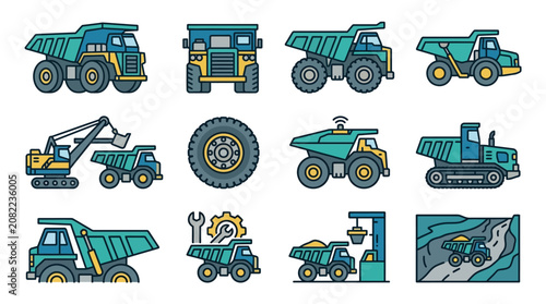 Creative Collection of Colorful Construction and Mining Vehicles Illustrated in Flat Design Style