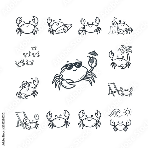 Cute Cartoon Crab Collection: Summer Beach Fun Vector Icons