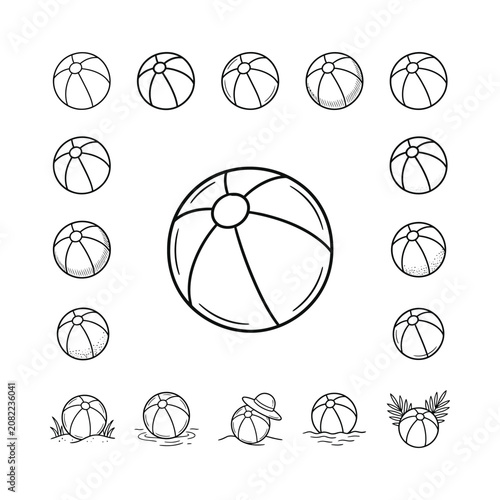 Collection of Beach Balls and Summer Accessories - Hand Drawn Vector Illustration