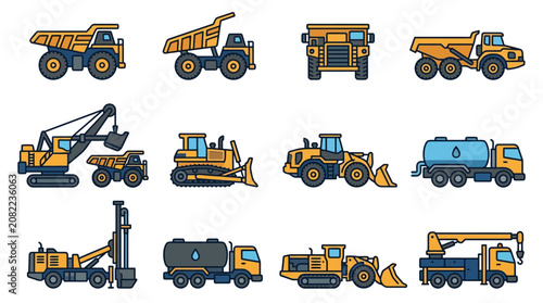 Dynamic Collection of Vibrant Construction Equipment Icons in Orange Blue and Gray Flat Design Style