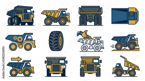 Modern Illustrated Collection of Heavy Construction Dump Trucks and Mining Vehicles in Blue and Yellow Color Scheme