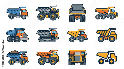Modern Colorful Set of Diverse Construction Dump Trucks and Haulers in Flat Design Style with high quality professional line art symbols for modern creative design and digital branding projects