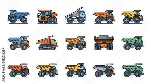 Elegant Collection of Colorful Dump Trucks and Hauling Vehicles in Minimalist Flat Design Style
