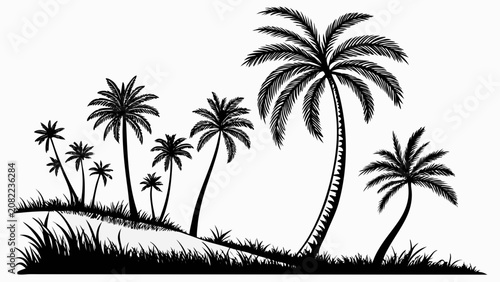Photos Silhouette of Tropical Palm Trees on a Hillside in Black and White