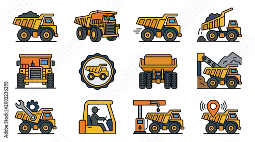 Elegant Set of Flat Design Heavy Construction Machinery Icons with Bright Yellow and Orange Color Palette