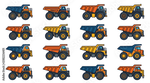 Corporate Set of Colorful Dump Trucks for Construction and Mining Industry Presentations with high quality professional line art symbols for modern creative design and digital branding projects