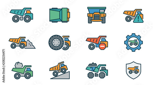 Creative Colorful Icon Set of Various Heavy Construction Dump Trucks and Mining Equipment with Gear Symbols