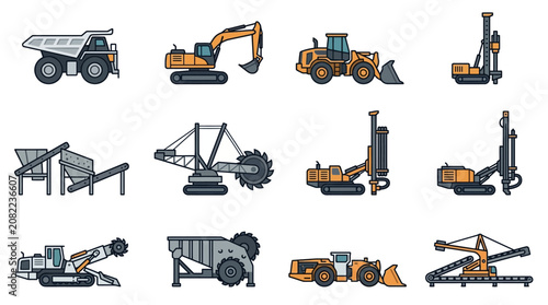 Corporate Set of Heavy Construction Equipment in Monochrome and Orange Brown Tones with high quality professional line art symbols for modern creative design and digital branding projects