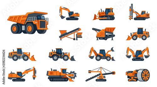 Modern Flat Set of Orange and Gray Construction Equipment and Heavy Machinery Vehicles with high quality professional line art symbols for modern creative design and digital branding projects