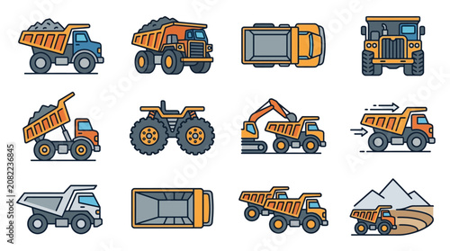 Clean Illustrated Collection of Dump Trucks and Heavy Construction Vehicles in Orange Gray and Blue