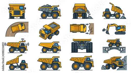 Creative Set of Vibrant Yellow and Gray Construction Dump Trucks and Heavy Machinery in Action with high quality professional line art symbols for modern creative design and digital branding projects