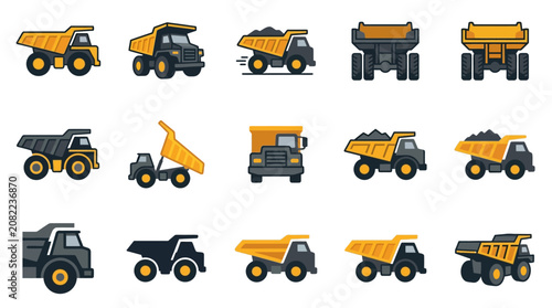 Clean Icons of Yellow and Gray Construction Dump Trucks in Various Styles and Loads with high quality professional line art symbols for modern creative design and digital branding projects