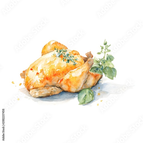 Watercolor Roasted Chicken Quarter Illustration, AI Generated