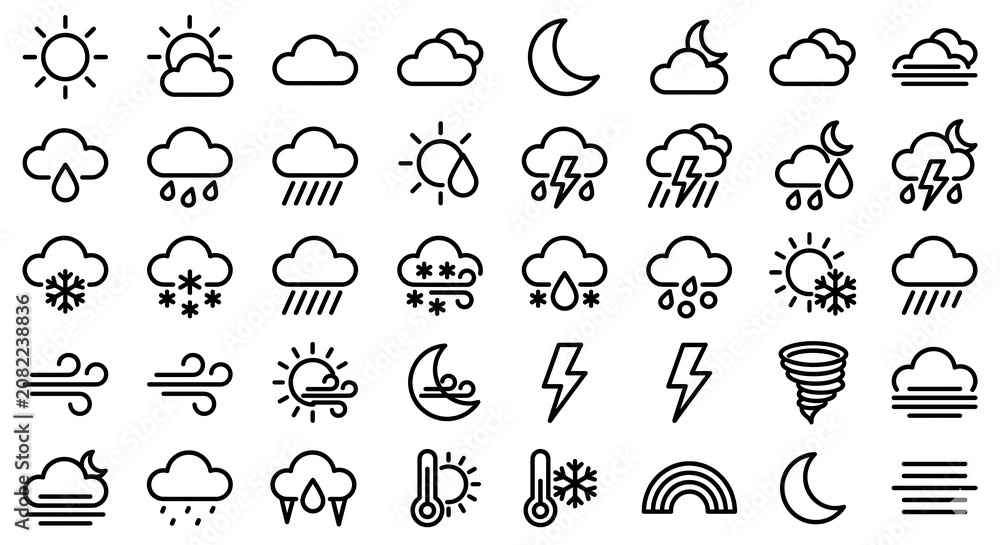 Obraz premium Set of Weather Icons Representing Meteorological Conditions in Minimalist Style