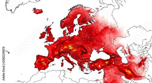Red map showing the intense europe heatwave and rising temperature