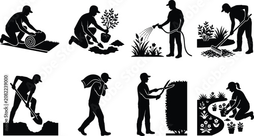 Gardening and landscaping worker silhouettes set with planting watering mowing trimming and digging activities