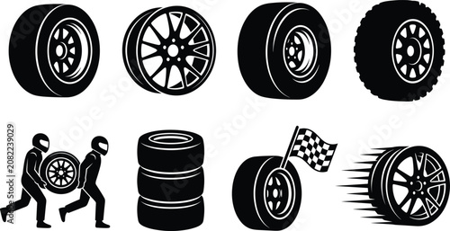 Racing car tires and alloy wheel rims vector icons set with pit crew crew and checkered flag