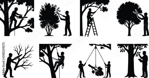 Tree service and arborist silhouettes set with cutting pruning trimming and rigging operations vector illustration