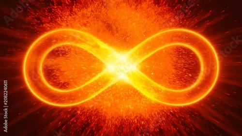 Glowing infinity symbol pulsating with warm orange light against dark background abstract concept