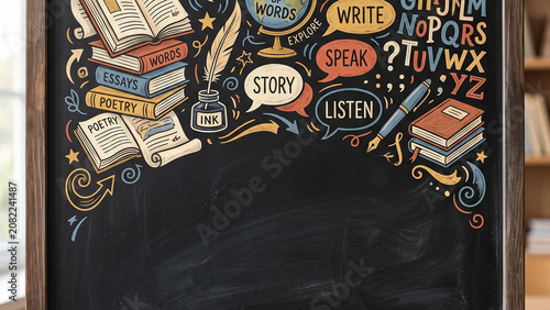 Language Books Doodles Blackboard Background Literacy
