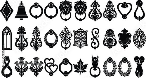 Canvastavla Vintage door knocker silhouette vector set featuring antique classic handles lio