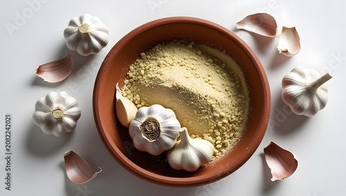 Rustic Bowl of Fine Garlic Powder with Fresh Garlic Commercial Food Photography