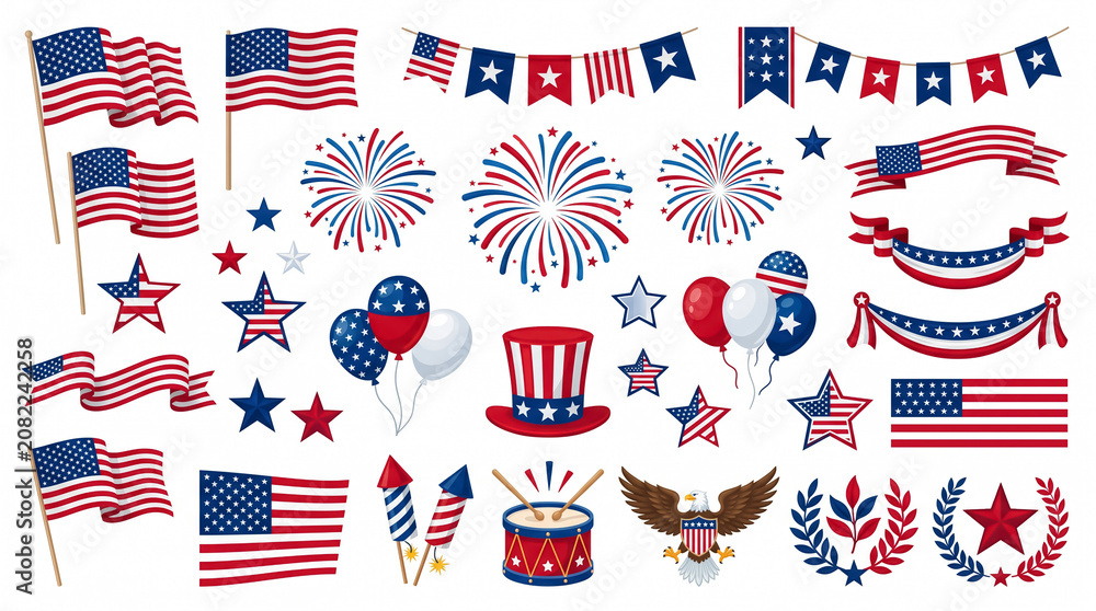 Fototapeta premium 4th of July patriotic party decorations elements set on white background for USA Independence Day celebration.