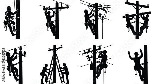 Lineman and electrical worker silhouettes set repairing power lines and climbing utility poles vector illustration