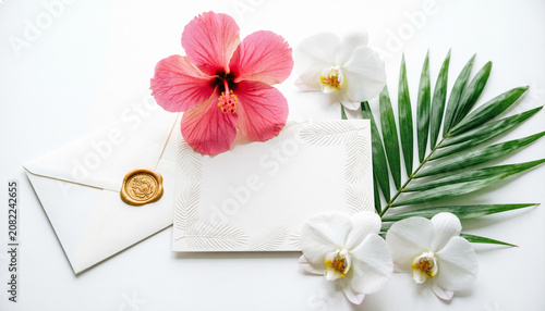 white wedding invitation card with a subtle palm leaf border on white