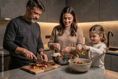 Family of three preparing Kyopolou, roasted eggplant pepper spread with garlic in modern kitchen. Concept of family bonding and culinary enjoyment together in cozy atmosphere.