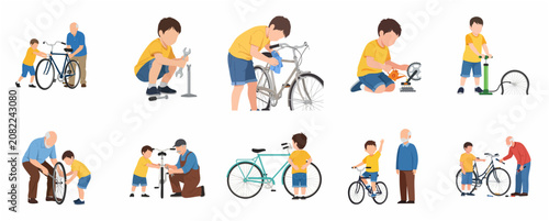 Fényképezés Set of vector illustrations showing a grandfather teaching his grandson how to r