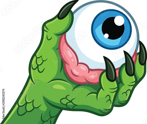 Εκτύπωση καμβά Creepy Monster Hand Holding Large Blue Eyeball Vector Illustration Featuring Gre