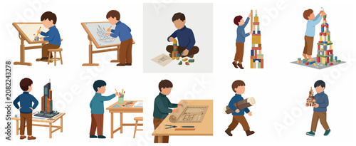 Foto Aspiring Young Architect Boy Illustration Set, Childhood Dreams and Future Caree