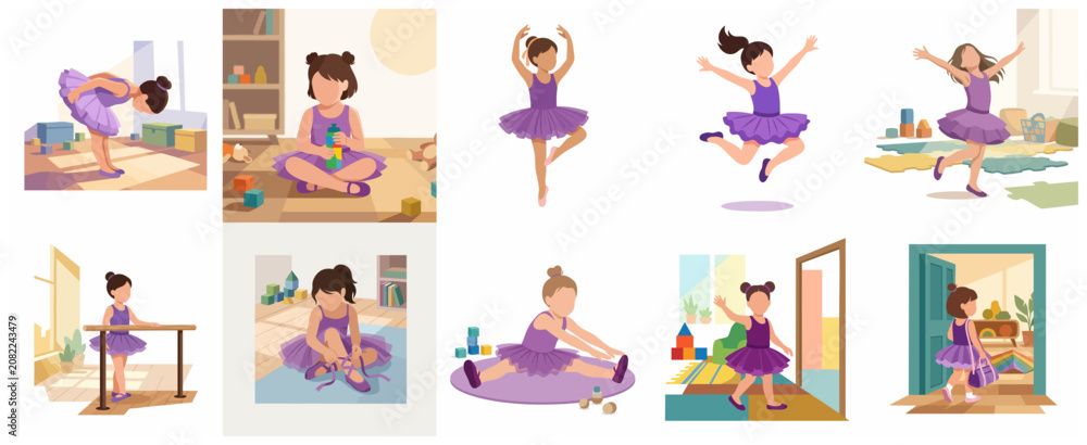 Obraz premium Set of vector illustrations of a little girl in a purple tutu practicing ballet at home, including dancing, stretching, and playing.