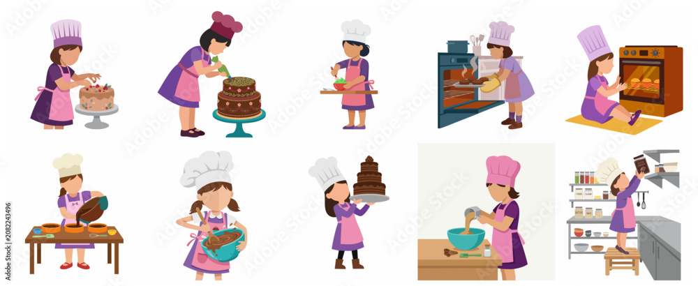 Fototapeta premium Set of Cute Little Girl Baker Illustrations Decorating Cakes and Cooking in the Kitchen