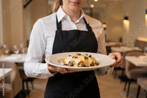 Waitress in black apron, white shirt holds zapiekanka, toasted baguette with mushrooms, cheese, ketchup. Concept of warm restaurant atmosphere, cozy seating, soft lighting.