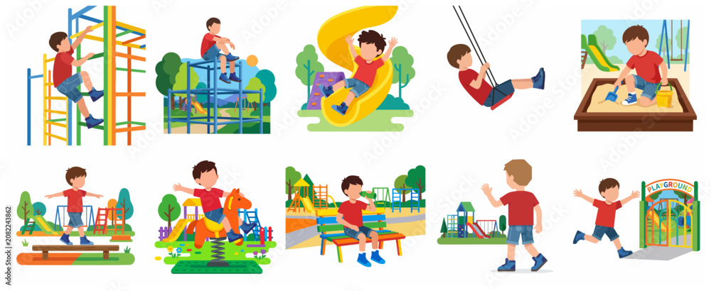 Fototapeta premium Set of Flat Vector Illustrations of a Little Boy Playing Different Activities at the Outdoor Playground
