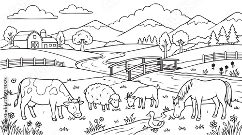 Canvastavla Farm Scene with Animals Line Art Illustration coloring page