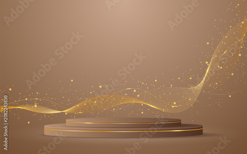 Brown podium with elegant gold wave lines on the back for product presentation. Display of cosmetic products. Stage or podium. vector illustration