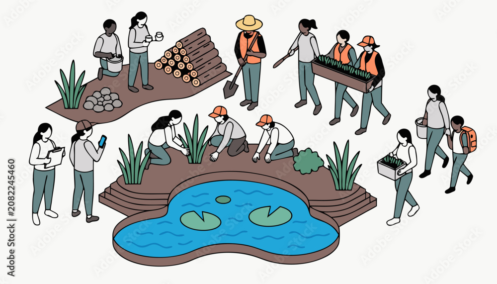 Fototapeta premium Isometric Vector Illustration of Community Volunteers Working on Wildlife Conservation.eps